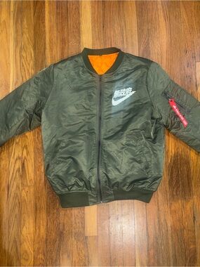 New Olive Green Bomber Jacket with Orange Lining and White Swoosh Sz:2XL